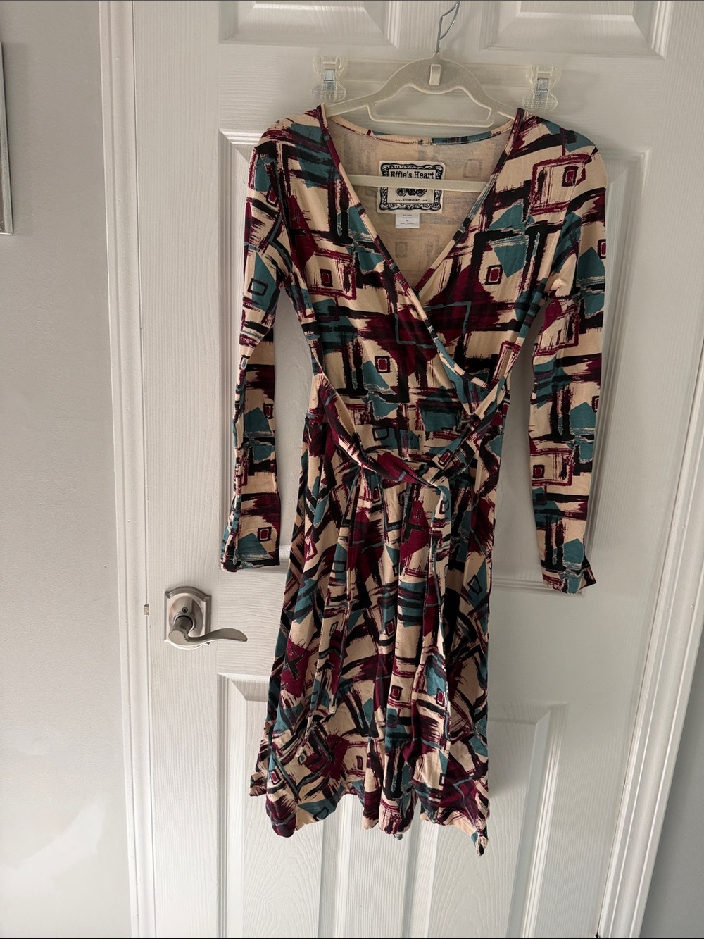 Effie’s heart Abstract Print Wrap Dress in Teal, Burgundy & Cream